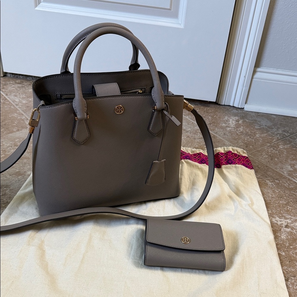 Tory Burch Robinson Taupe Handbag and Wallet Set